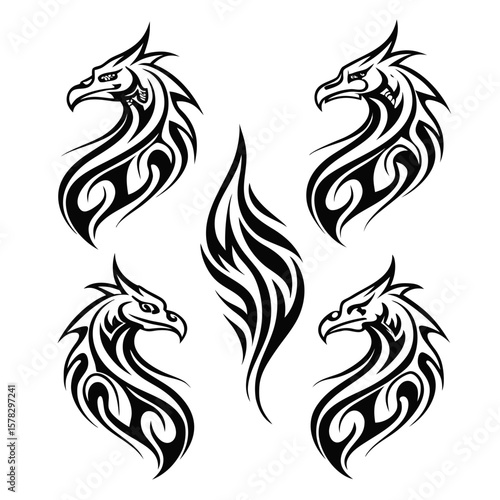 Tribal dragon heads and flame design tattoo black