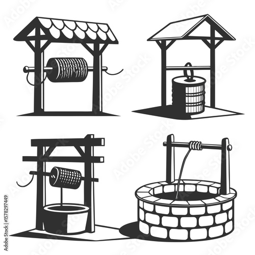 Village wells with water buckets and rope mechanisms water well pulley