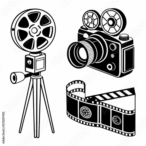 Vintage film camera projector and film strip vector