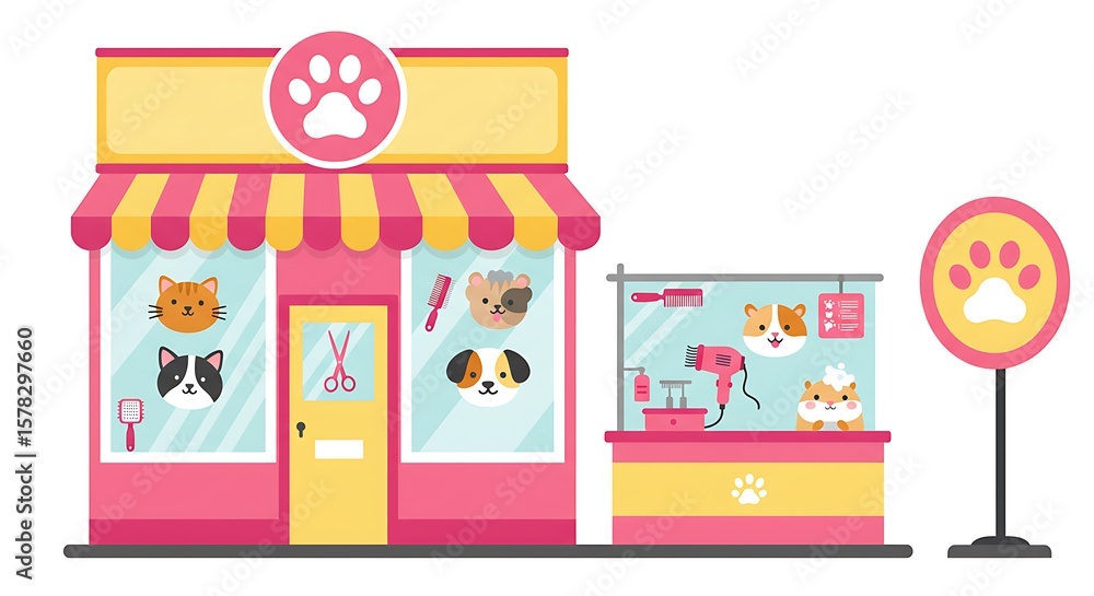 Fototapeta premium Charming Pet Grooming Salon Illustration with Cats, Dogs, and Hamsters, Adorable Animal Spa Storefront with Paw Print Sign and Grooming Tools