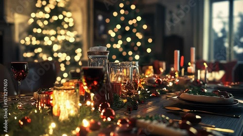 Christmas table setting with red wine and festive decorations