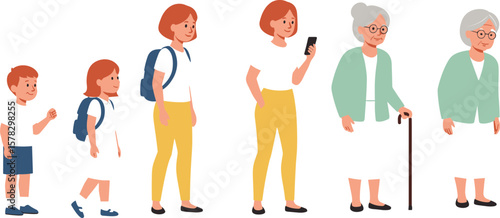 Female life stages illustration, girl growing to elderly woman, aging process, timeline, cartoon vector, healthcare, education, character development.