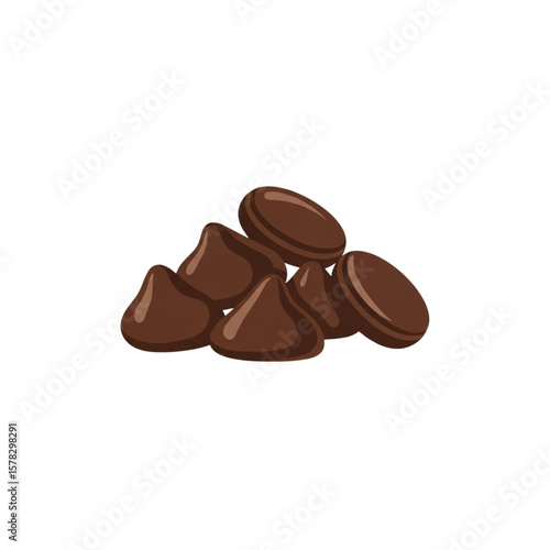A pile of dark chocolate chips, close-up view, isolated on white background.