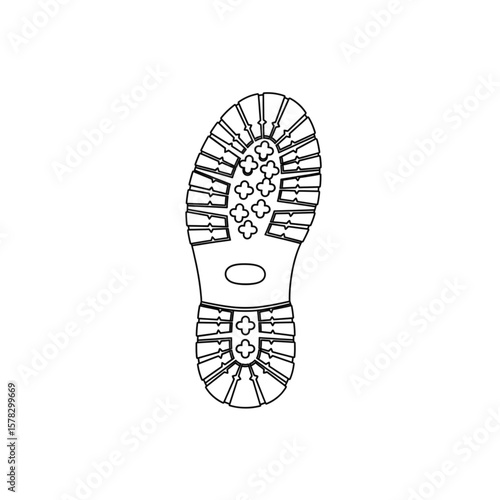 Line drawing of a sturdy boot sole, showing a detailed tread pattern designed for traction and grip.