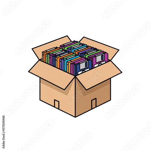 A cardboard box overflowing with a colorful collection of vintage floppy disks.