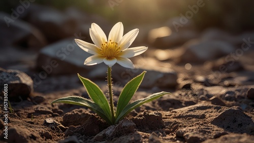 Resilient White Flower Blooming Through Dry Cracked Soil with Sunlight and Hopeful Natural Background
