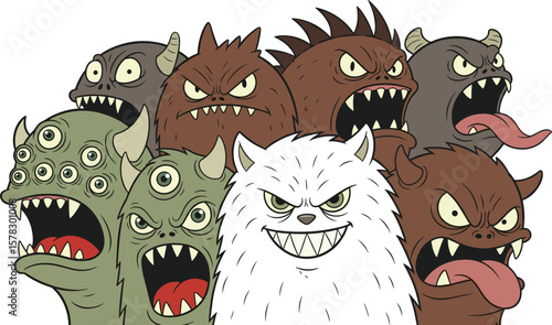 Group of cartoon scary monsters with sharp teeth, creepy eyes, weird expressions, vector illustration for Halloween, horror, fantasy, and animation themes