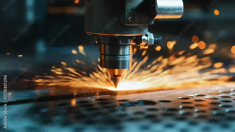 Industrial laser cutter creating holes in metal sheet with sparks flying