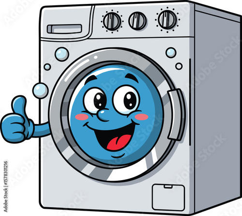 Cute cartoon washing machine character illustration, smiling laundry appliance mascot with thumbs up, funny home appliance concept for cleaning service