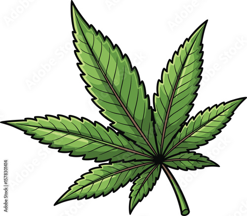 Detailed cannabis leaf vector illustration, green marijuana leaf drawing with bold outline, natural organic plant art for medical and recreational use