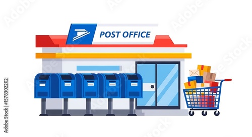 Post Office Building with Mailboxes and Shopping Cart, Sending Packages and Letters through Postal Services