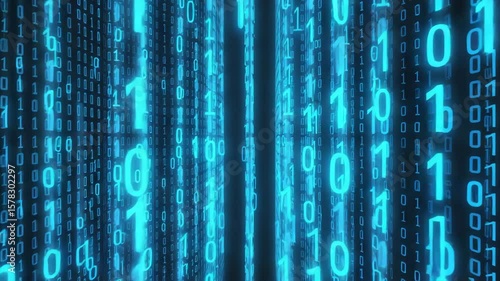 endless wall of glowing binary code with digits 0 and 1 scrolling horizontally in blue over dark background digital data transfer style 