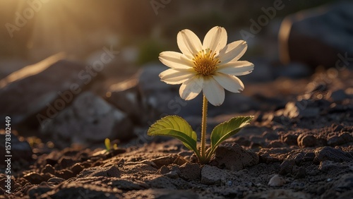 White Flower Blooming in Harsh Soil Under Warm Sunset Light with Rocks and Nature in Background