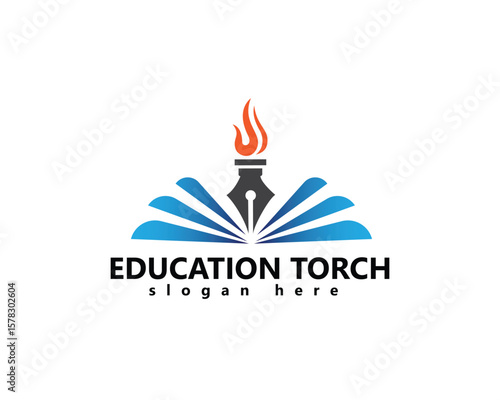creative torch education logo, a pen with a fire on it is in the middle of an open book logo design inspiration