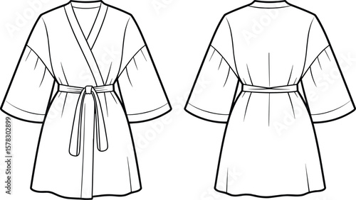 Belted kimono robe fashion flat sketch, technical cad vector drawing, short sleeve wrap dress outline, front back garment view