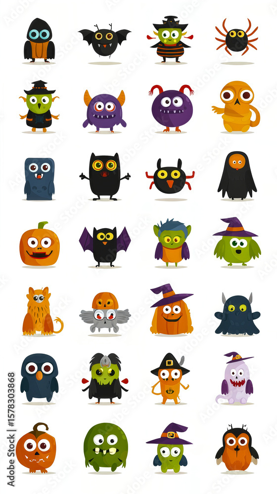 Obraz premium A set of mini Halloween monsters with drop shadow, cute mini illustrations suitable for design