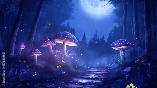 Magical forest path under moonlight