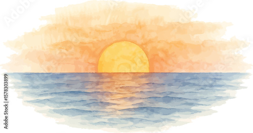 Sunset kissing the sea in watercolor style