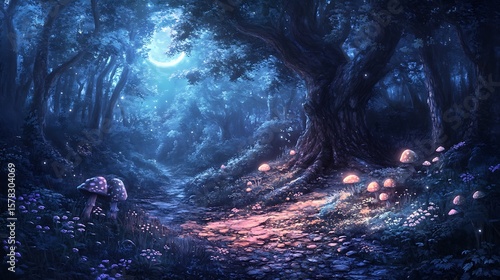 Magical forest path at night