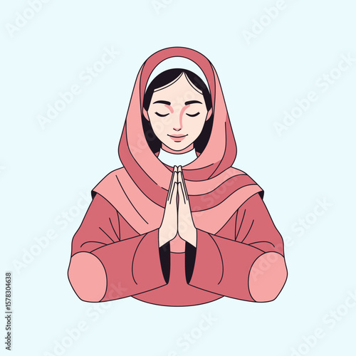 Devout woman prays with hands together in peaceful, spiritual meditation