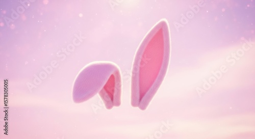 Adorable fluffy bunny ears with soft pink inner lining against a dreamy pastel sky with sparkling lights