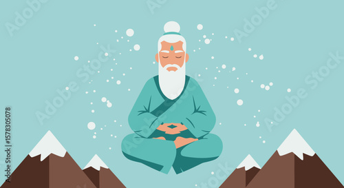 Cartoon Meditating Sage with White Beard and Turquoise Robe in Lotus Position