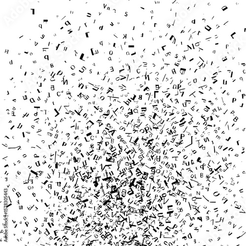 Scattered black alphabet letters in various sizes and orientations on a white background create a dynamic effect