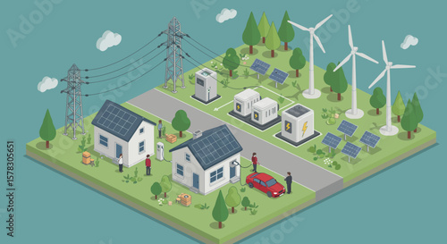 Isometric Illustration of Sustainable Smart City with Renewable Energy Sources Powering Electric Vehicle Charging Stations and Homes