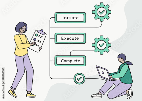 Business process flow with initiate execute and complete stages isolated on white background