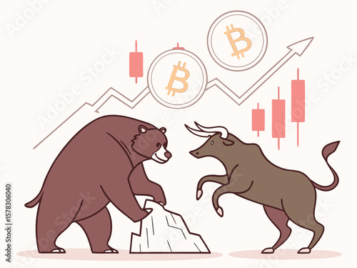 Bitcoin market trend with bull and bear fighting over cryptocurrency isolated on white background