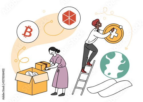 People interacting with cryptocurrency and global finance concepts isolated on white background