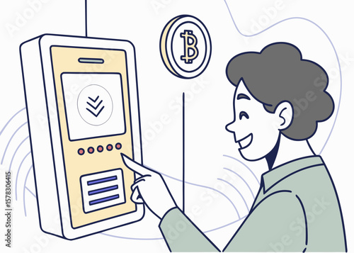 Person interacting with a bitcoin atm machine for cryptocurrency transactions isolated on white background