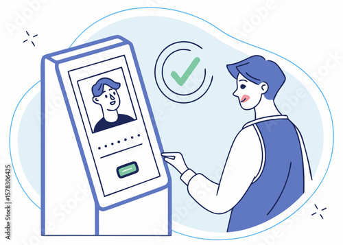 Man interacting with a digital kiosk for identity verification isolated on white background