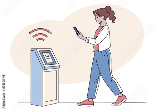 Woman using smartphone to interact with a digital kiosk isolated on white background