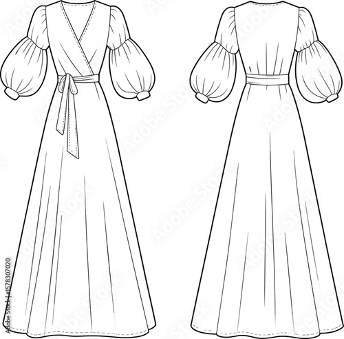 Puff sleeve maxi dress with wrap front design, back belt tie, fashion cad sketch, technical garment drawing, vector illustration