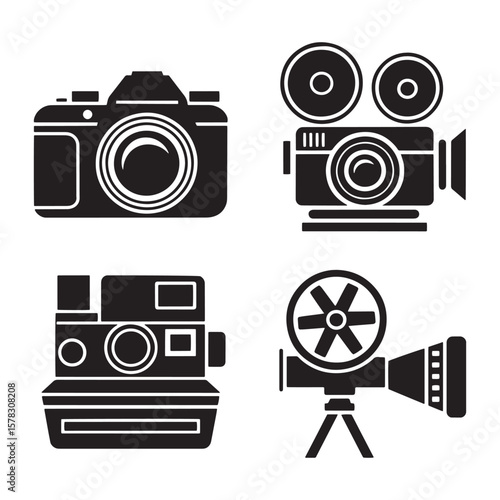 Collection of vintage and modern camera silhouettes isolated on white background