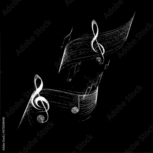 Stylized musical notes and treble clefs arranged artistically on a stark black background creating a dynamic scene