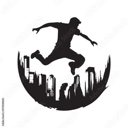 Dynamic and energetic parkour jumping action vector illustration, featuring a silhouette or character jumping in the air isolated on a white background.