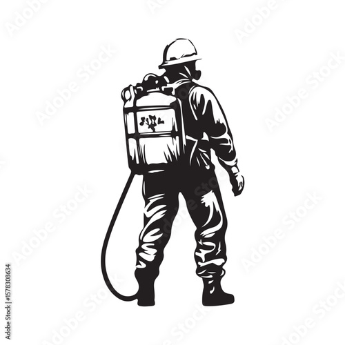 Vector illustration of a virus eradication officer wearing full protective clothing, such as a hazmat suit, mask, and disinfectant sprayer isolated on a white background