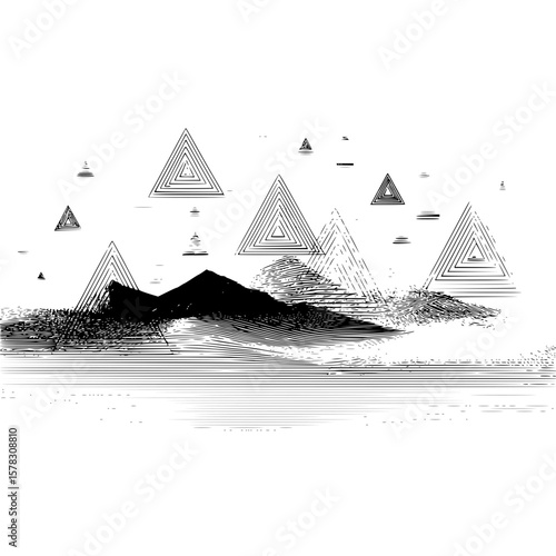 Abstract landscape with mountains and floating triangle shapes in a monochrome color scheme design
