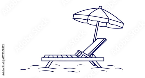 umbrella and chair, coastal leisure, oceanfront view, sunbathing chair, deck chair, beachside setup, travel illustration, sunny beach, beach furniture, outdoor umbrella, lounge chair on sand, tropical