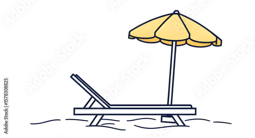 summer vacation, tropical holiday, sun lounger, seaside relaxation, umbrella and chair, coastal leisure, oceanfront view, sunbathing chair, deck chair, beachside setup, travel illustration, sunny beac