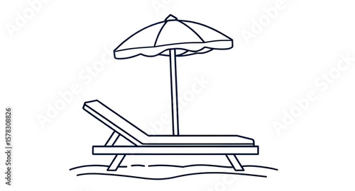 beach umbrella, summer vacation, tropical holiday, sun lounger, seaside relaxation, umbrella and chair, coastal leisure, oceanfront view, sunbathing chair, deck chair, beachside setup, travel illustra