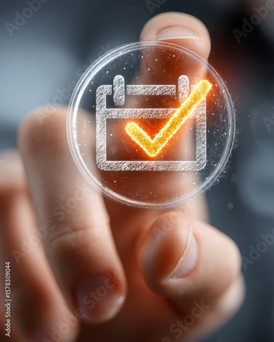 Finger touching a transparent button with calendar and checkmark icon