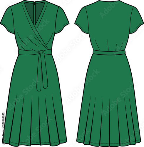 Short sleeve green wrap dress front and back view, flat sketch fashion template, elegant midi silhouette, cad vector illustration