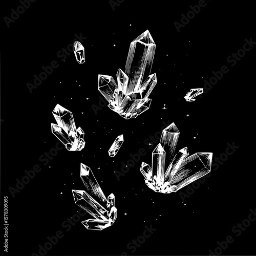 Illustration of several white crystals floating in a dark black space with scattered small stars around them
