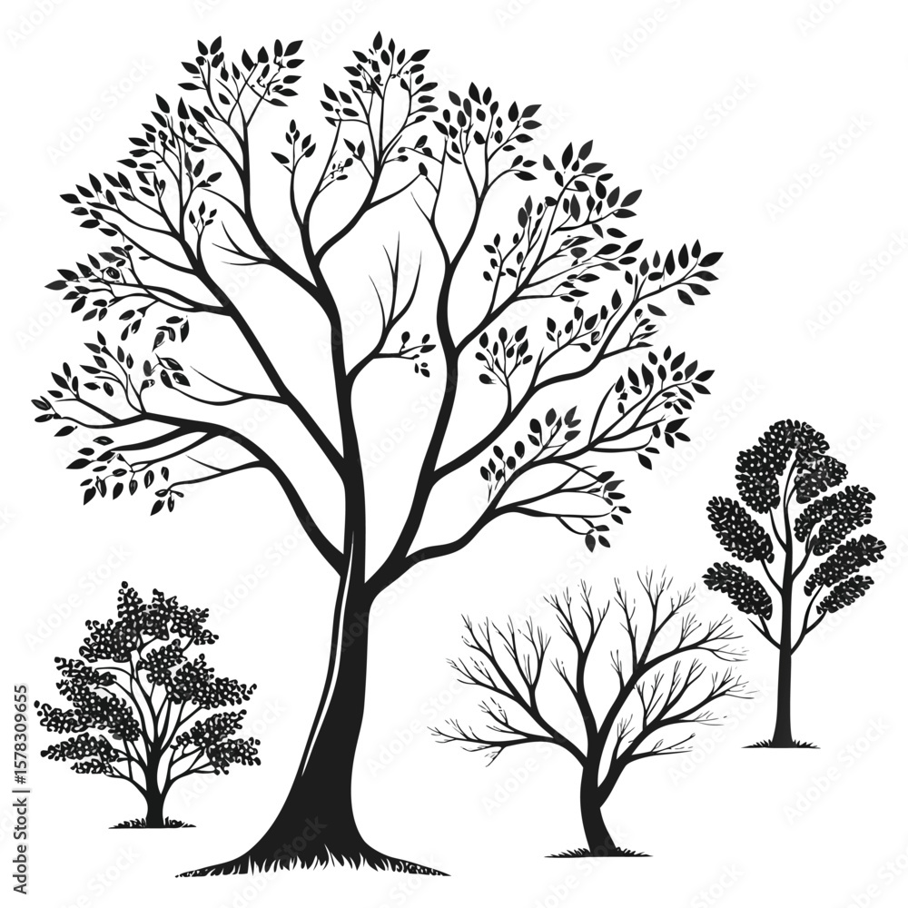 Obraz premium Black Silhouette Vector Illustration Four Trees silhouettes