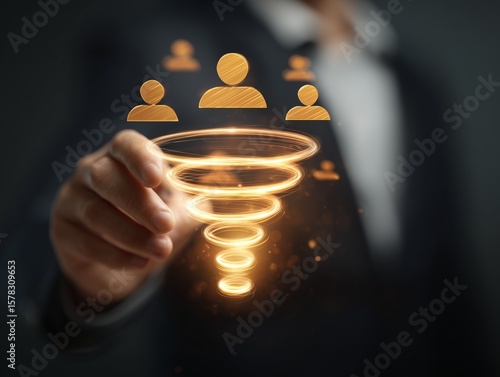 Business person using funnel to attract customers, sales concept