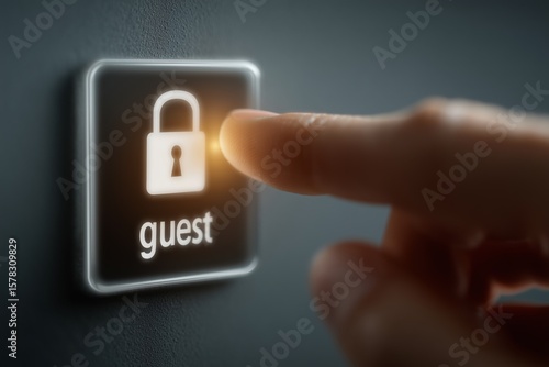 Finger pressing a guest access button with a padlock icon