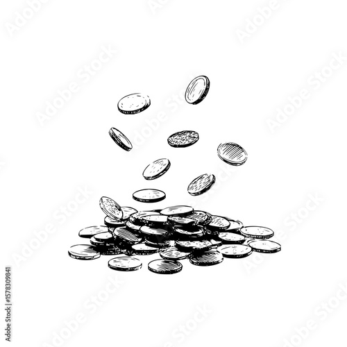 Illustration of a pile of coins with several coins falling onto the pile in a sketched style design